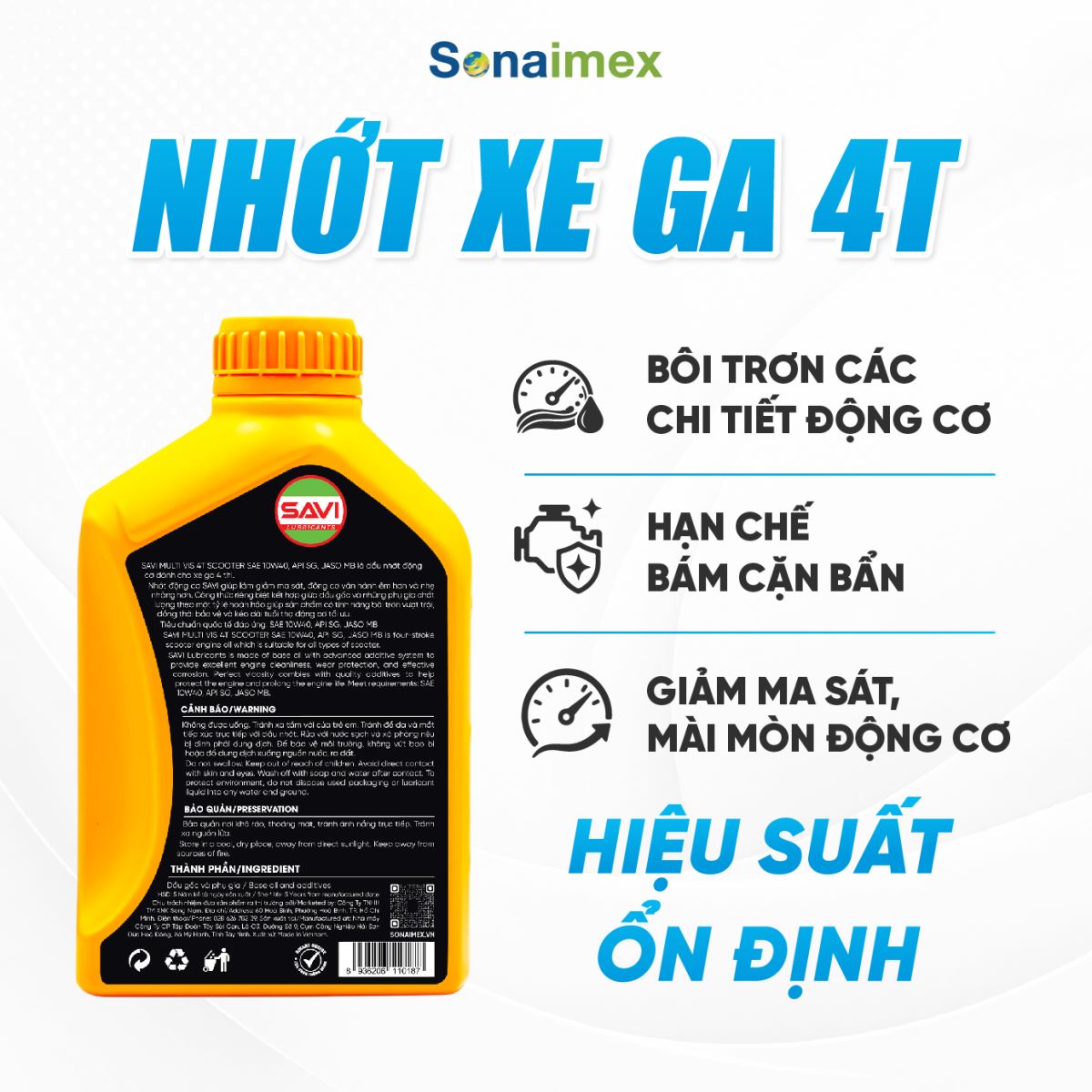 Nhớt xe tay ga SAVI 10W40 API SG JASO MB chai 800ml cho Lead Air Blade Vision Click Vario Grande Janus bảo vệ động cơ