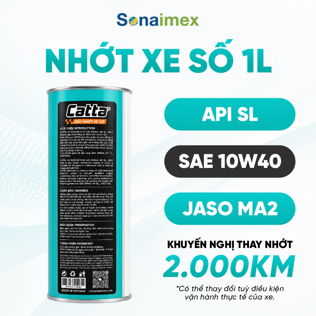 Nhớt Xe Máy CATTA 10W40 API SL MA2 Lon 1L Cho Xe Số Wave, Future, Sirius, Dream, Cub